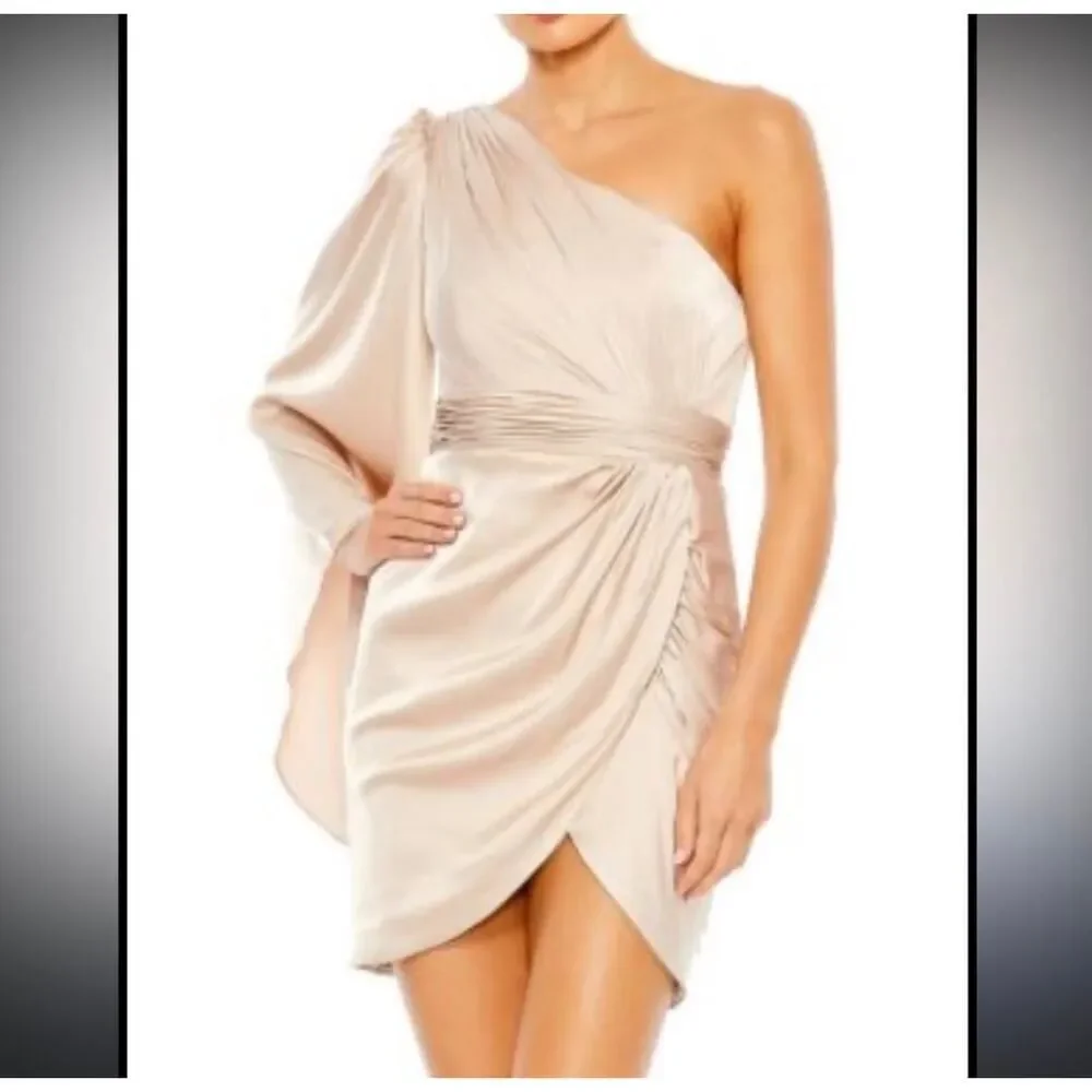 Mac Duggal One Shoulder Satin Mini Dress Nude Blush Draped Sleeve Ruched 2 NWT